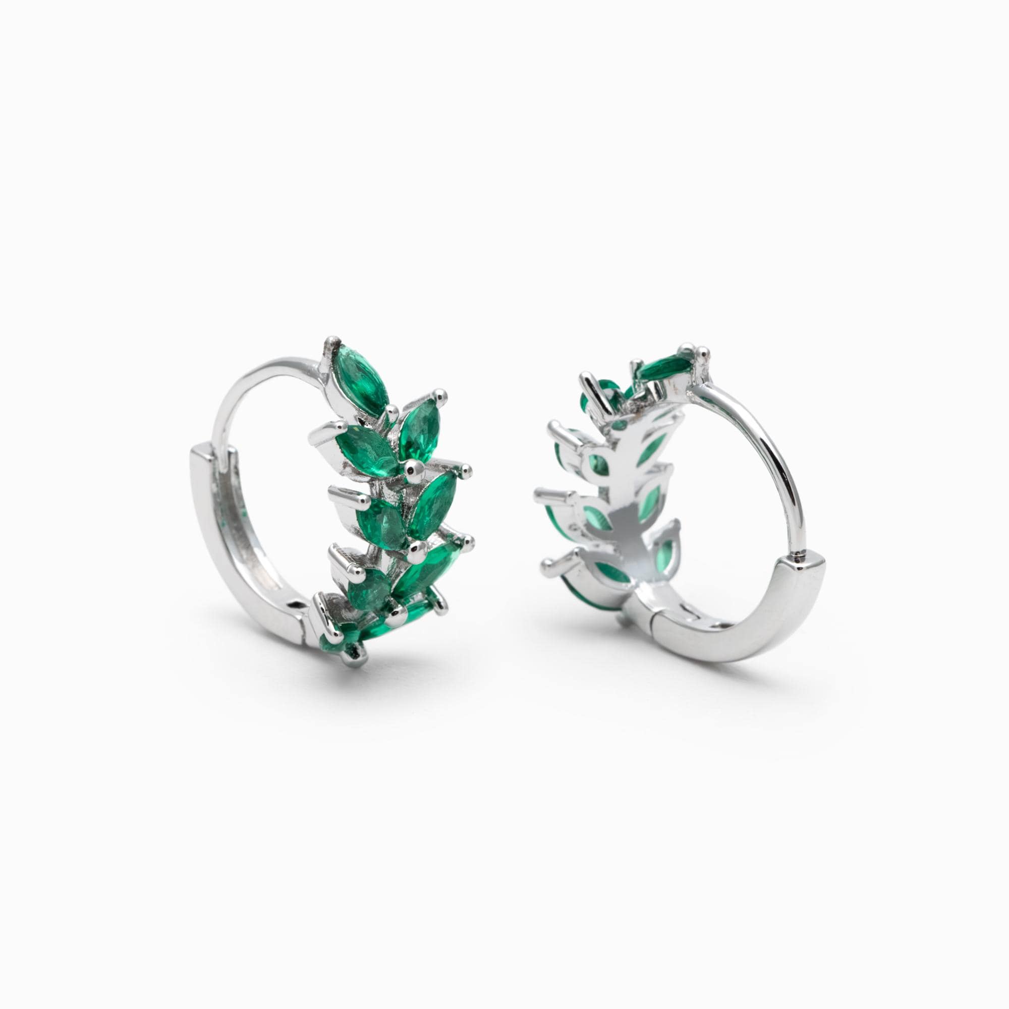 4pcs CZ Pave Emerald Leaf Hoop Earrings, 18K Real Gold/ Rhodium Plated Brass, Dainty Huggie Earrings (GB-4762)